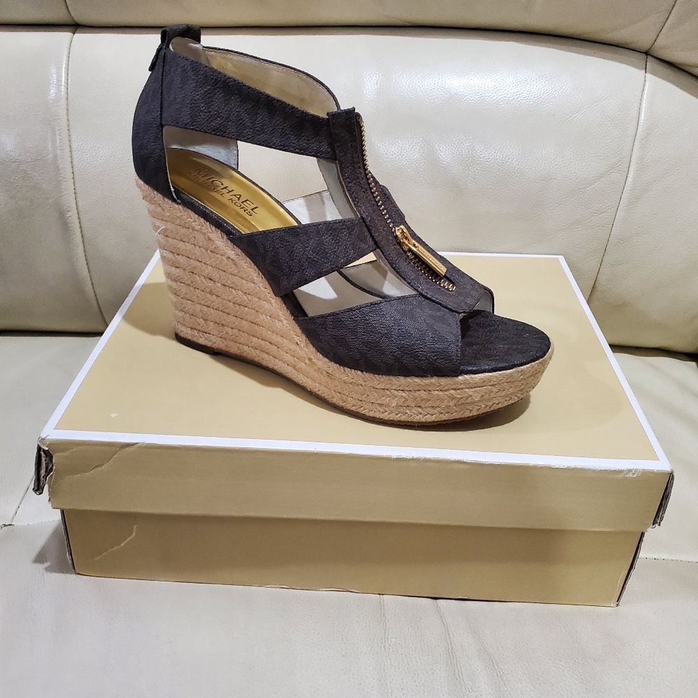 Michael Kors Brown Wedge Espadrille Sandals with Gold Zip Accent